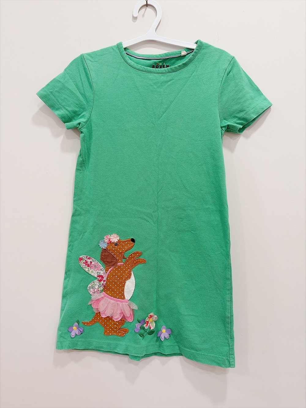 Mini Boden Green Cotton Dress with Fairy Dog Appliqué